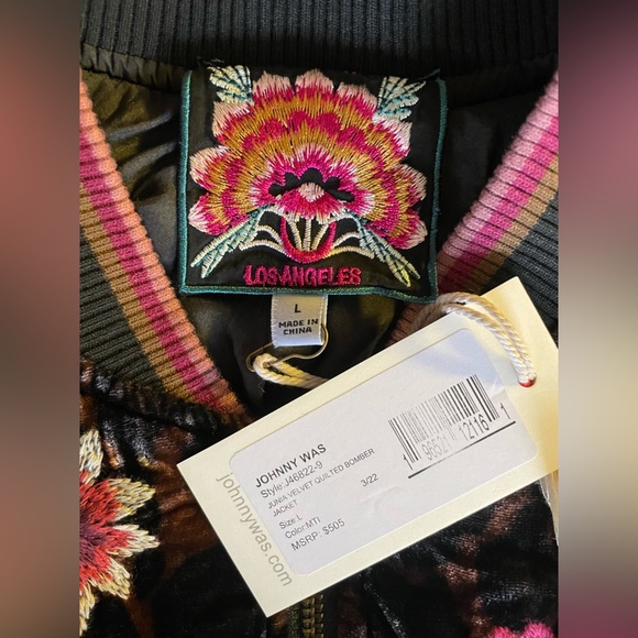 NWT JOHNNY WAS JUNIA VELVET QUILTED BOMBER JACKET ZIP FRONT, EMBROIDERED, SZ L - Picture 5 of 10